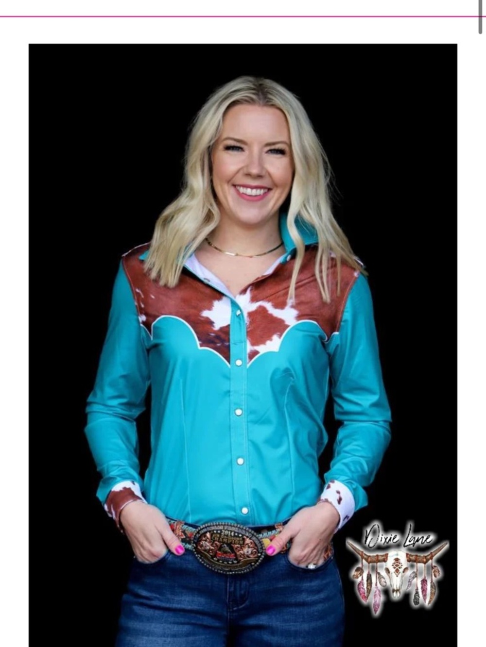 Fallon Taylor ranch dressin cowhide and teal performance rodeo shirt